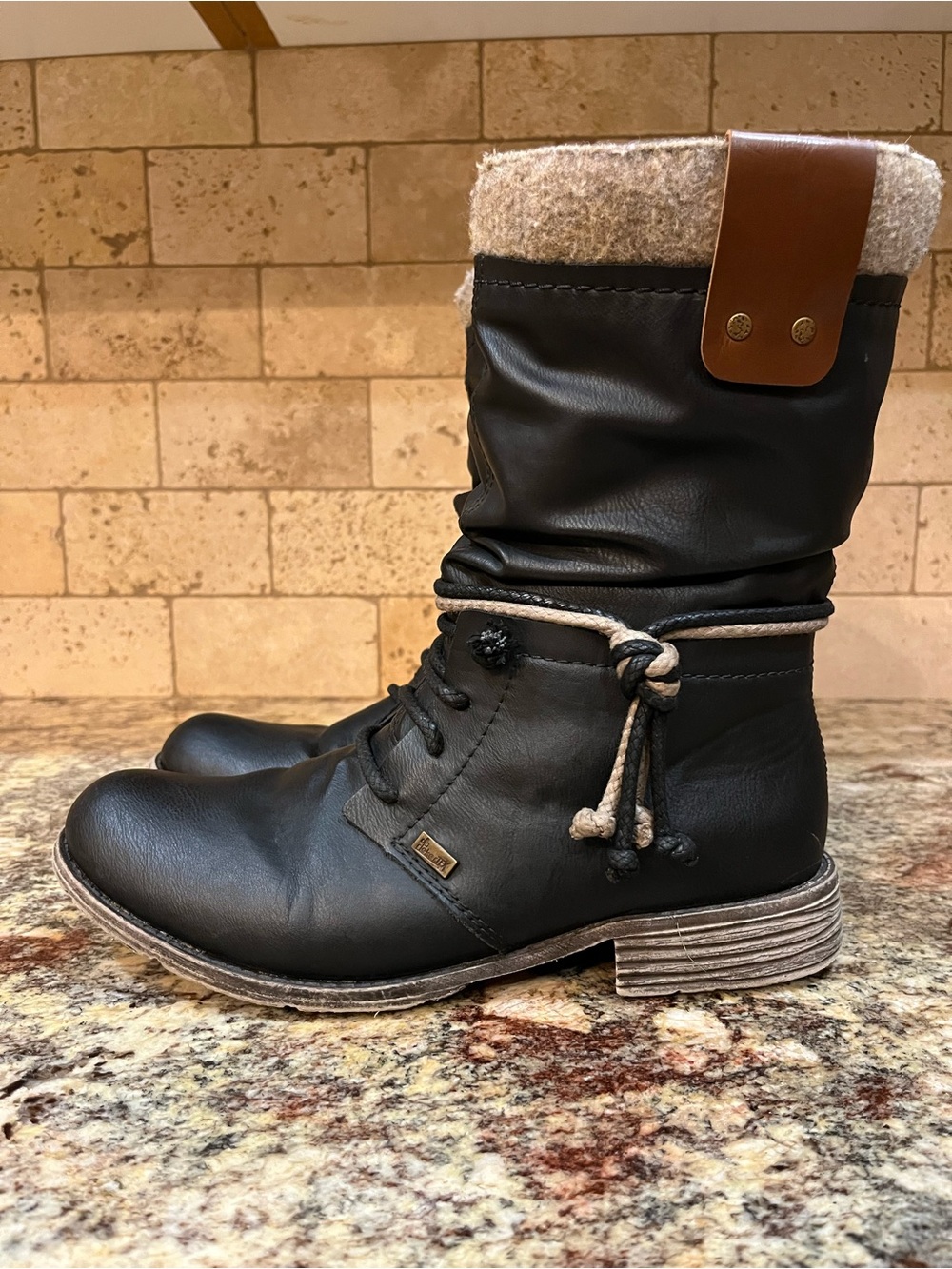 Rieker Black Lace-Up Mid-Calf Boots with Cream Shearling Cuff